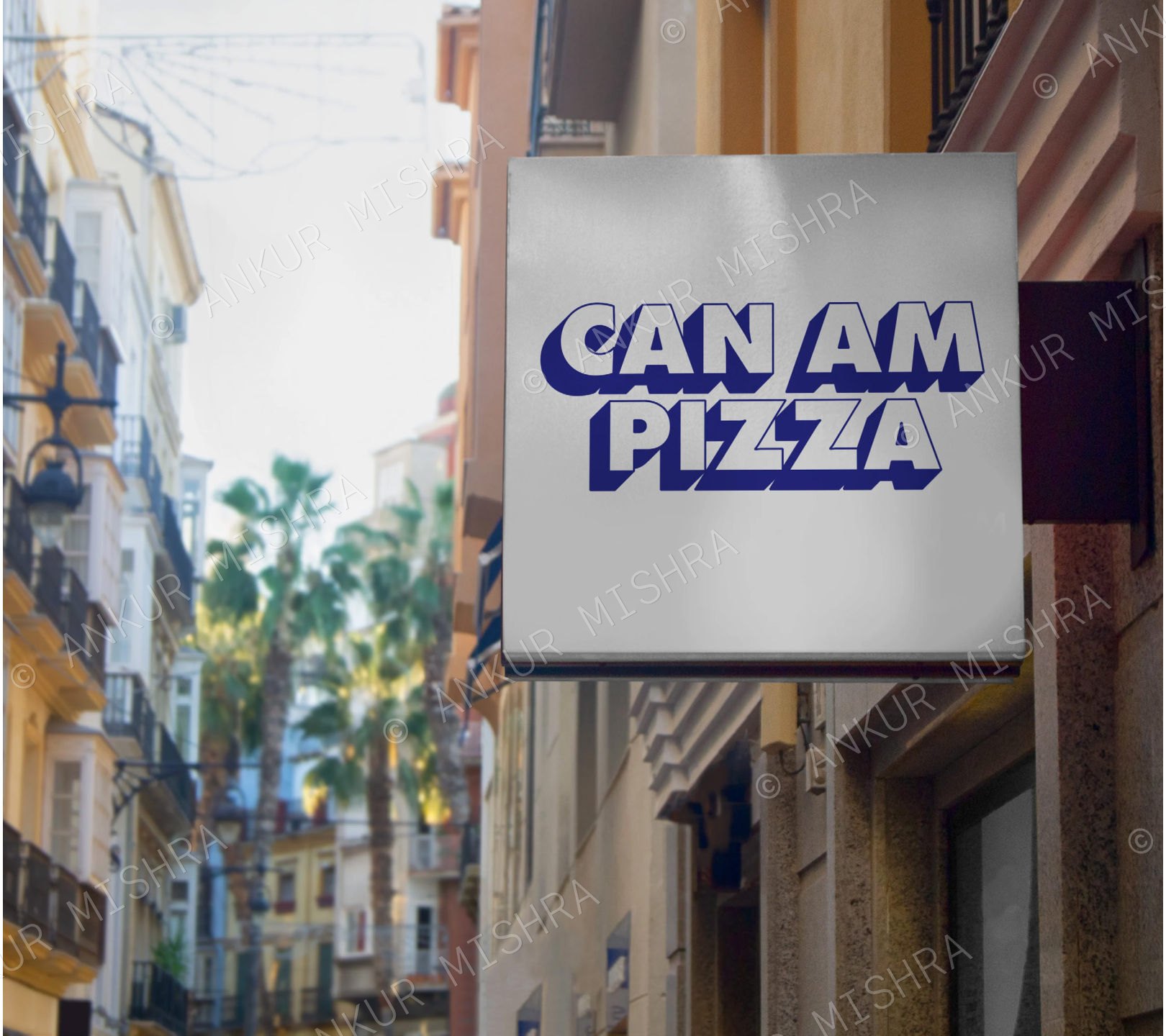 CanAm Pizza storefront blade sign with the new logo