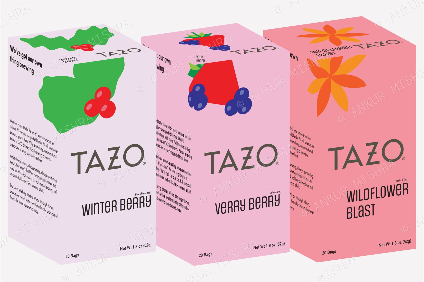 Three Tazo tea boxes: Winter Berry, Very Berry and Wildflower Burst