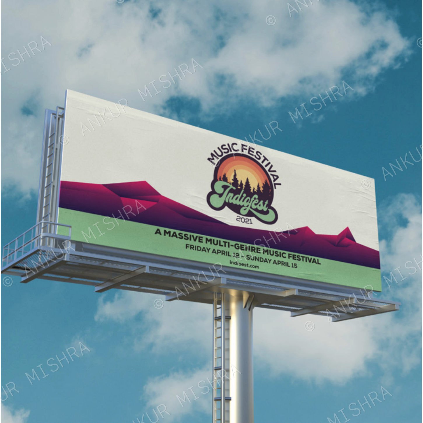 Indiofest billboard against a cloudy sky