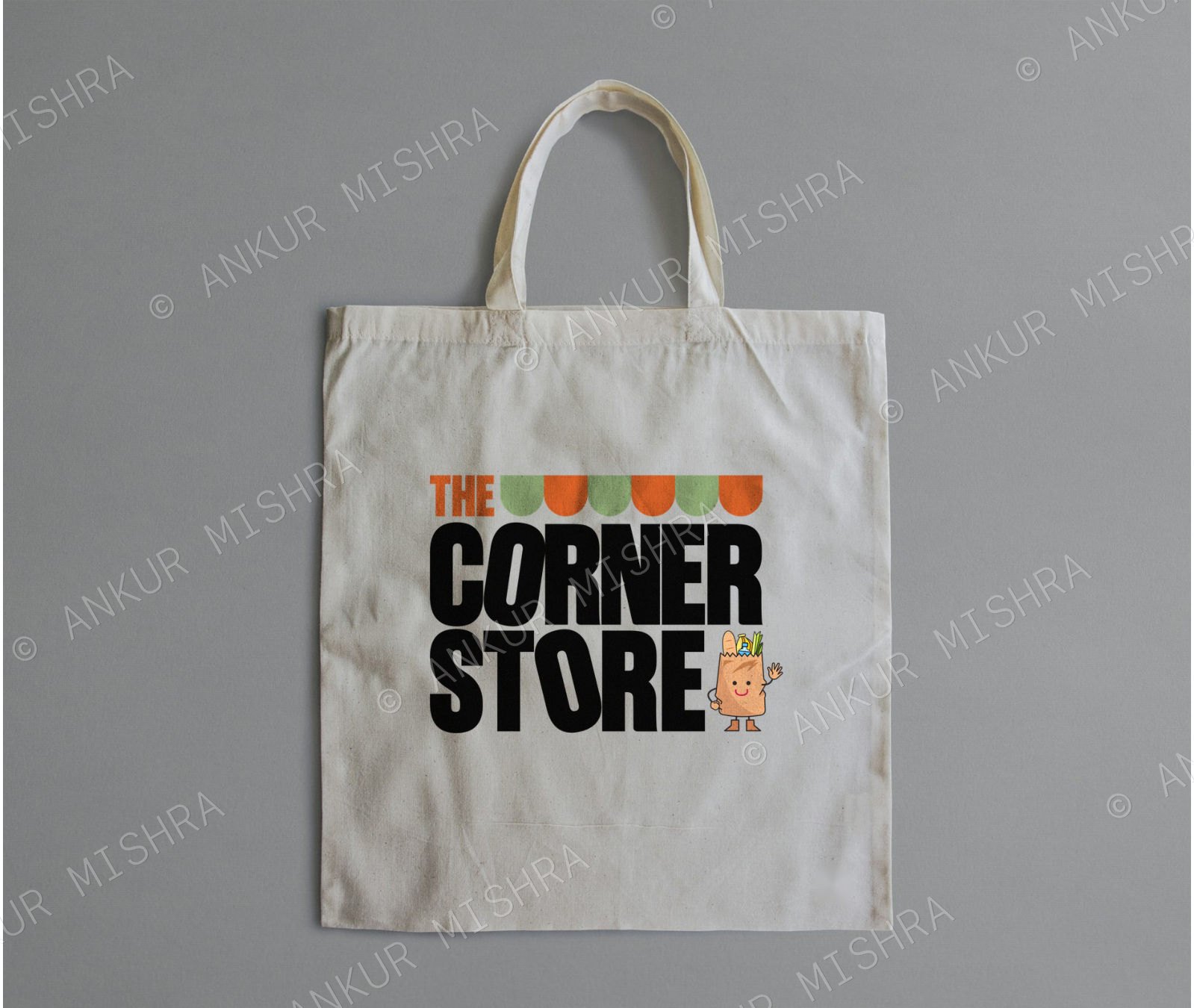 Corner Store tote bag with the striped awning logo