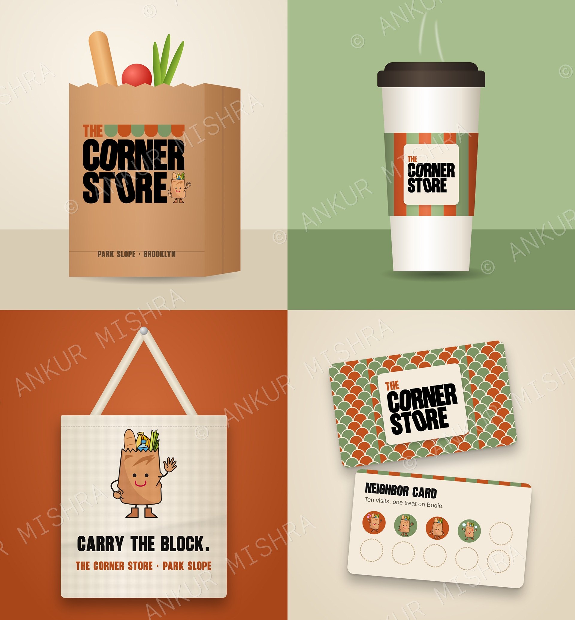 Corner Store paper bag, coffee cup, tote and neighbor card