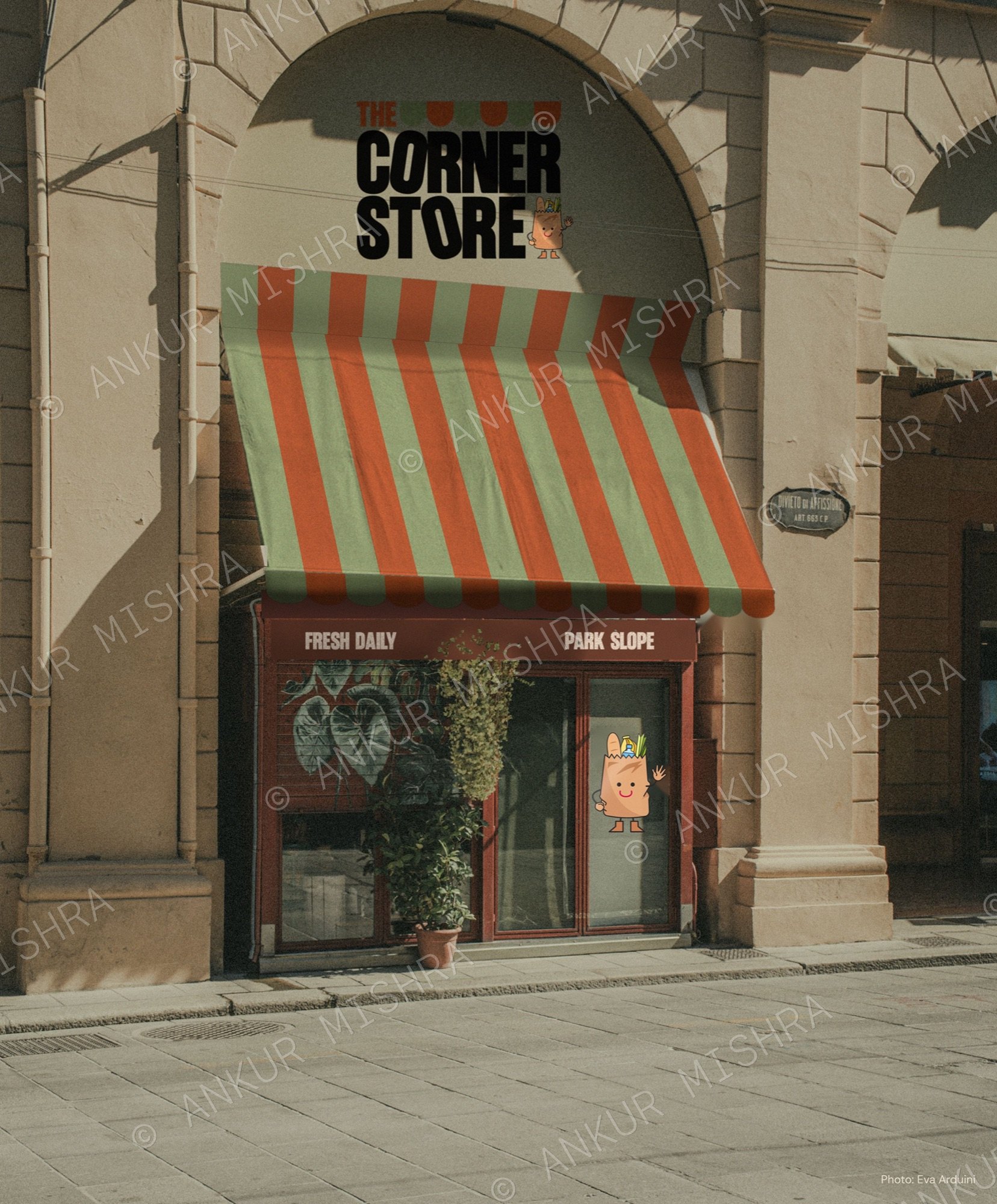 Corner Store storefront with a striped scalloped awning