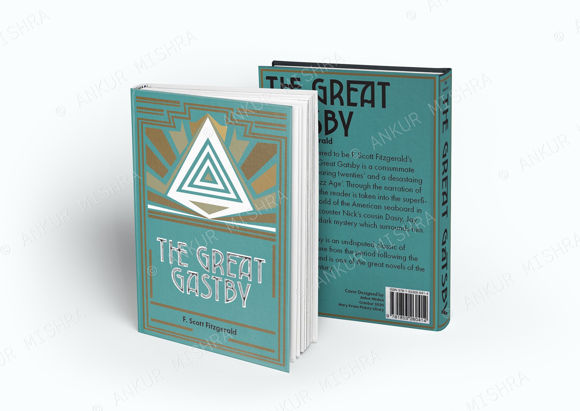 Hardcover mockup of The Great Gatsby with a teal and gold Art Deco cover
