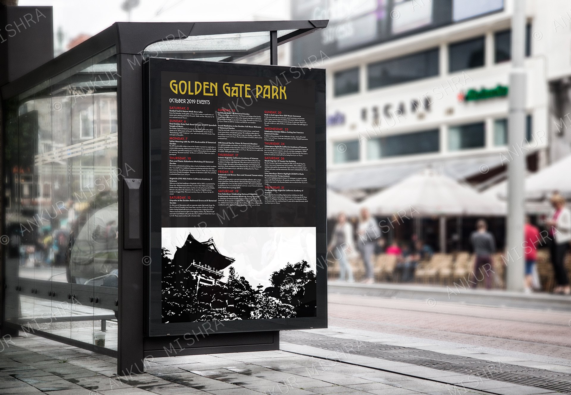 Golden Gate Park events poster in a bus shelter