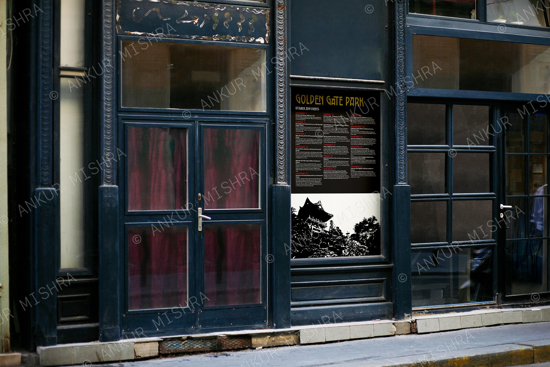 Golden Gate Park events poster beside a black doorway