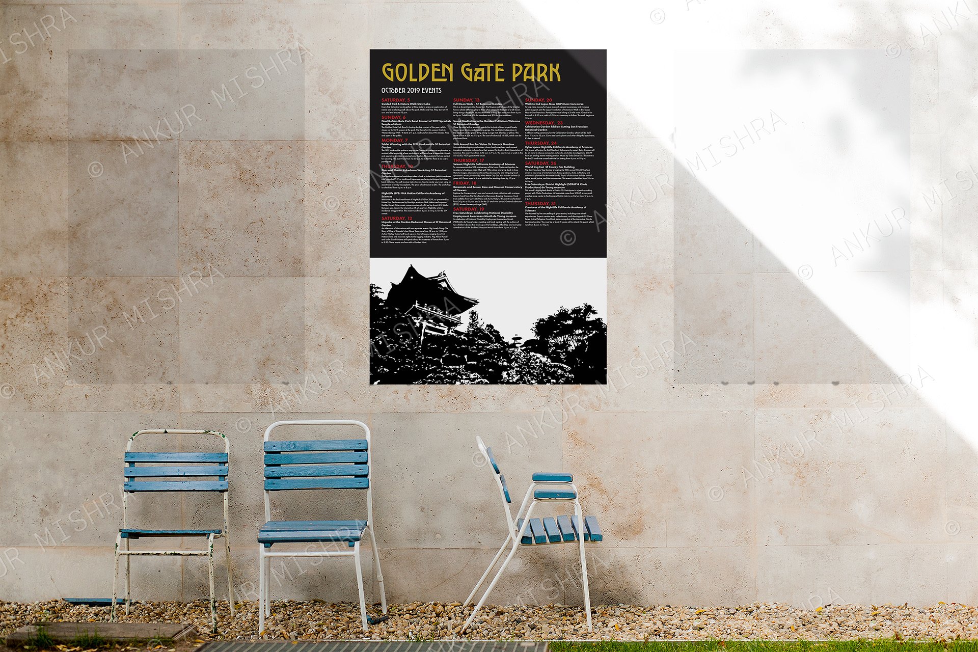Golden Gate Park October events poster mounted on a stone wall