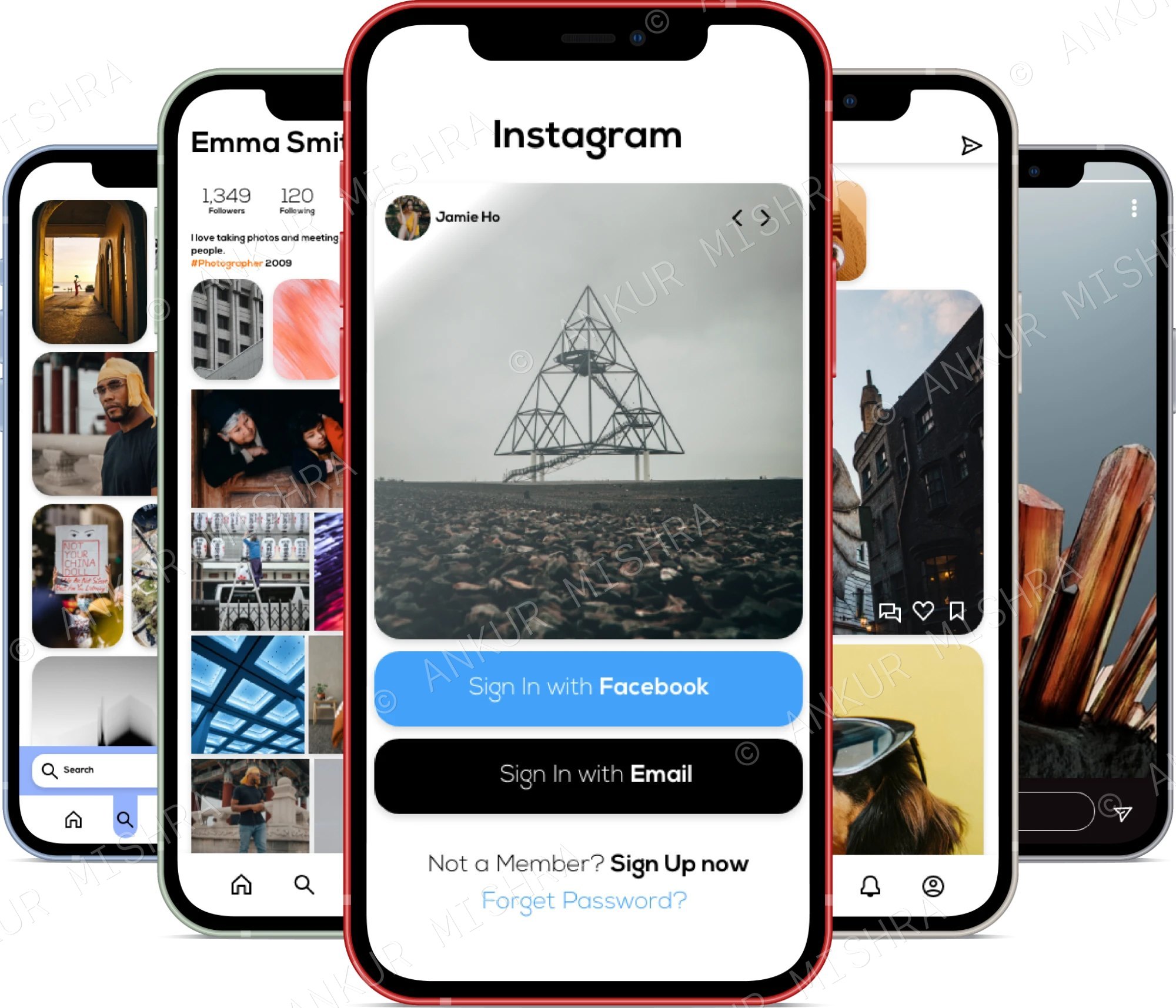 Fan of redesigned Instagram app screens on phones, with the sign-in screen in front