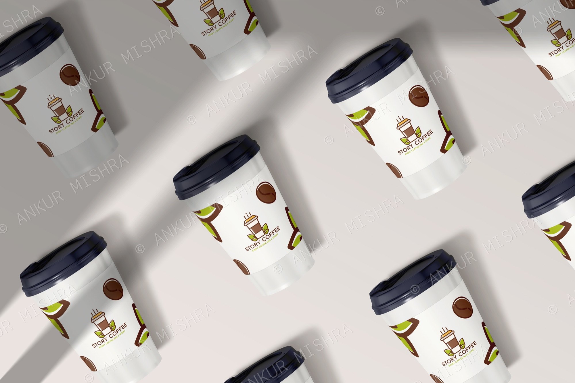 Rows of Story Coffee takeaway cups with the new logo