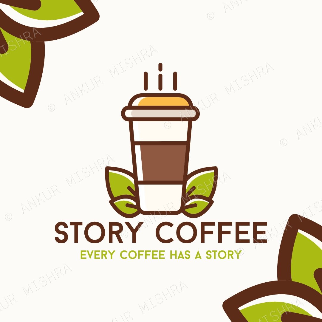 Story Coffee logo: a steaming cup with leaves, tagline Every coffee has a story