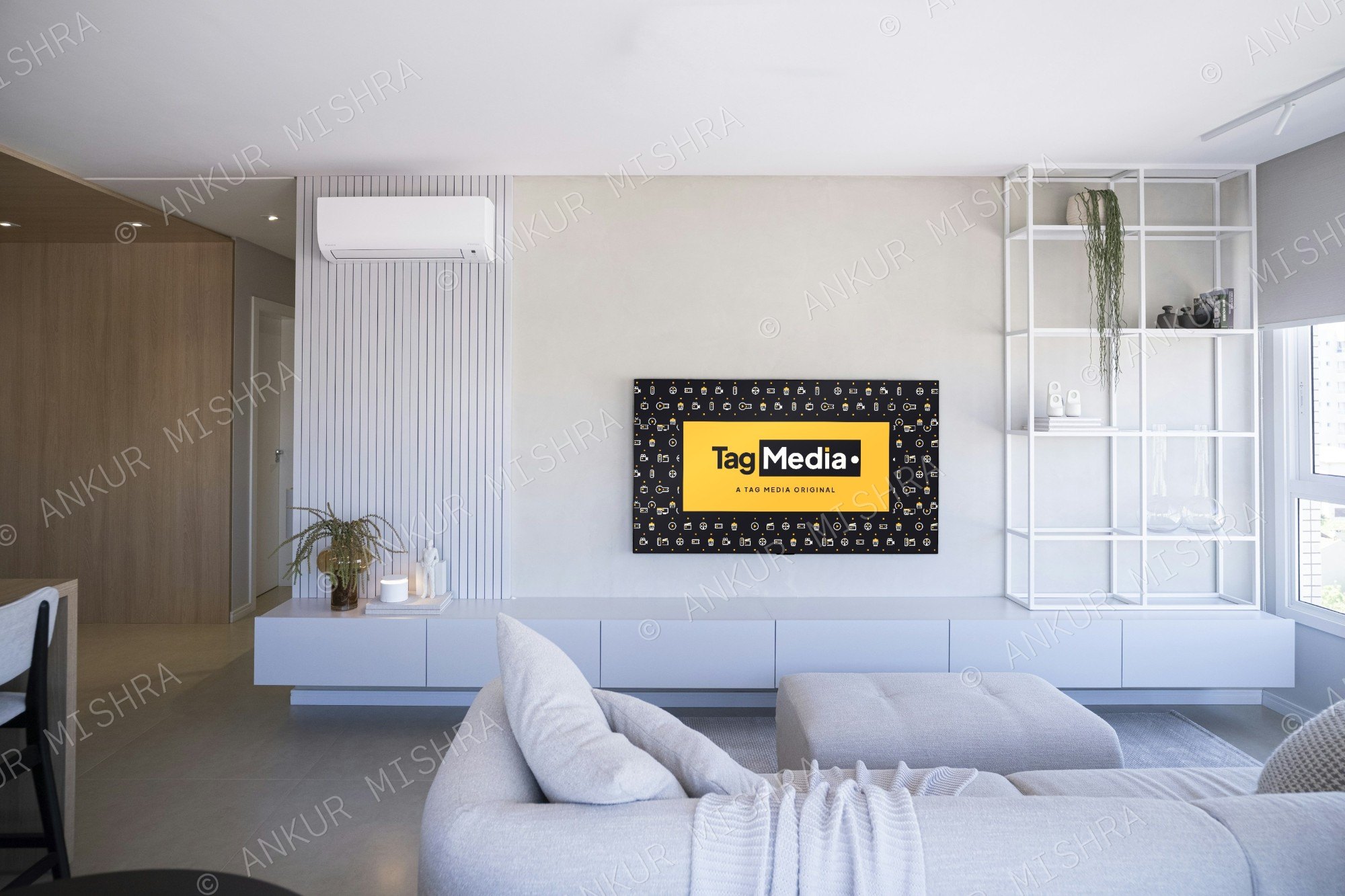 Tag Media title card on a TV in a bright living room