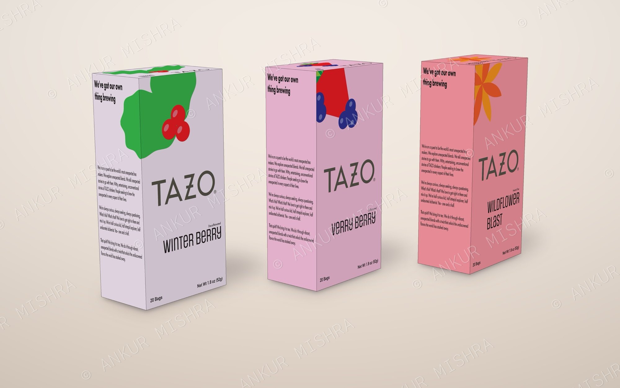 The three Tazo boxes standing in a row on a cream backdrop